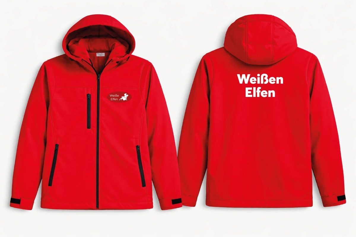 Softshell Jacke 3 Jahreszeiten in Rot, Vorder- und Rückseite mit Weiße-Elfen-Logo