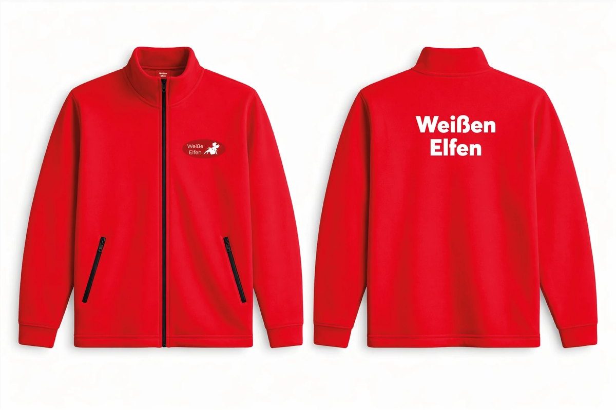 Sweat Jacke in Rot, Vorder- und Rückseite mit Weiße-Elfen-Logo