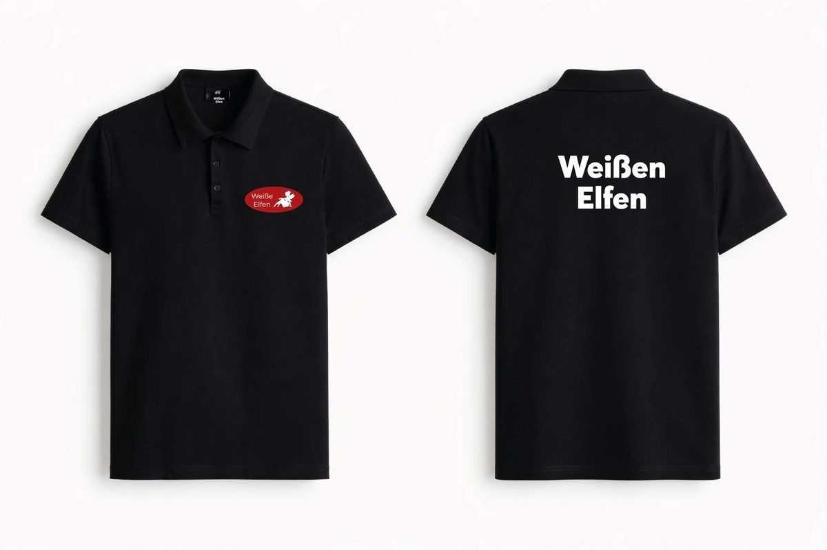 Poloshirt in Schwarz, Vorder- und Rückseite mit Weiße-Elfen-Logo